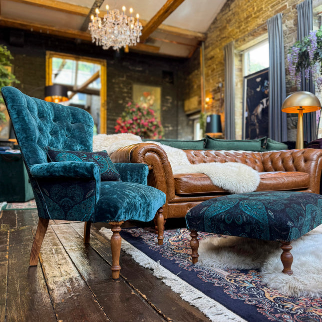 Selfridges Deluxe Footstool in Bohemian Teal Paisley Velvet