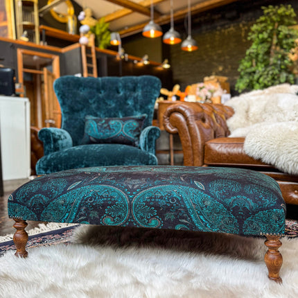 New - Selfridges Deluxe Footstool in Bohemian Teal Paisley Velvet