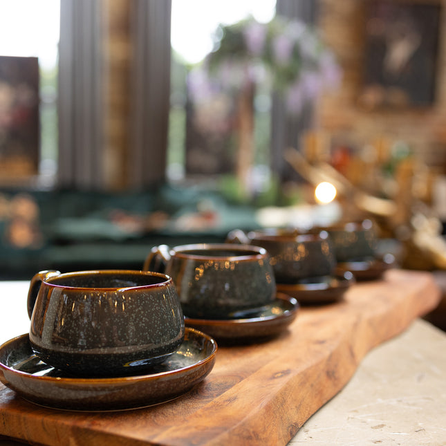 Set of 4 Obsidian Porcelain Cups & Saucers