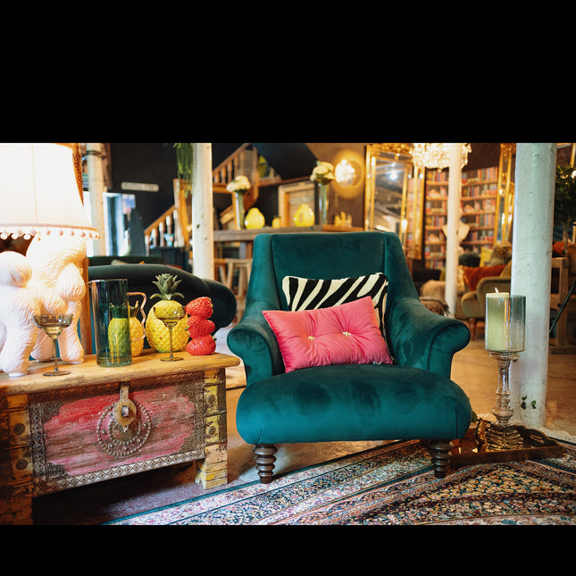 Osborn Armchair in Teal Velvet & Cow Print