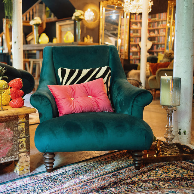Osborn Armchair in Teal Velvet & Cow Print
