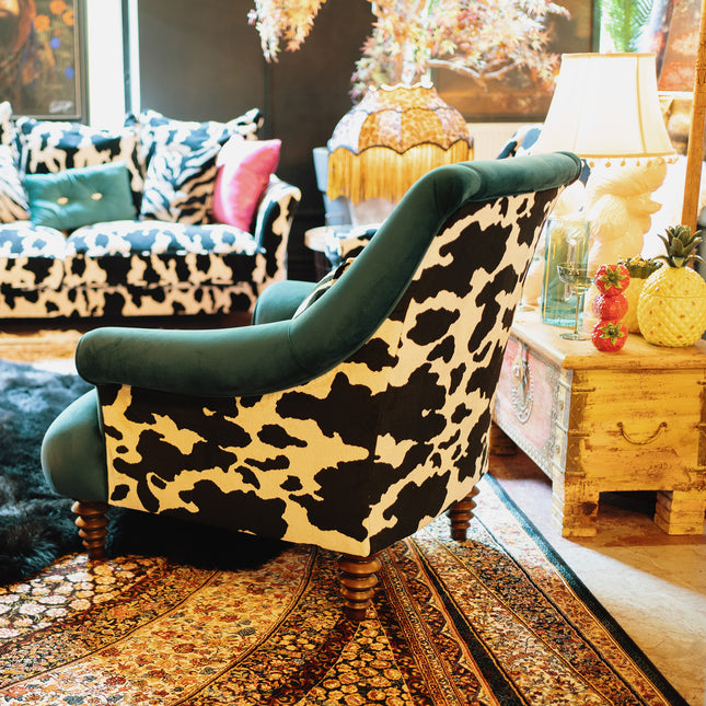 Osborn Armchair in Teal Velvet & Cow Print