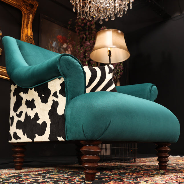 Osborn Armchair in Teal Velvet & Cow Print