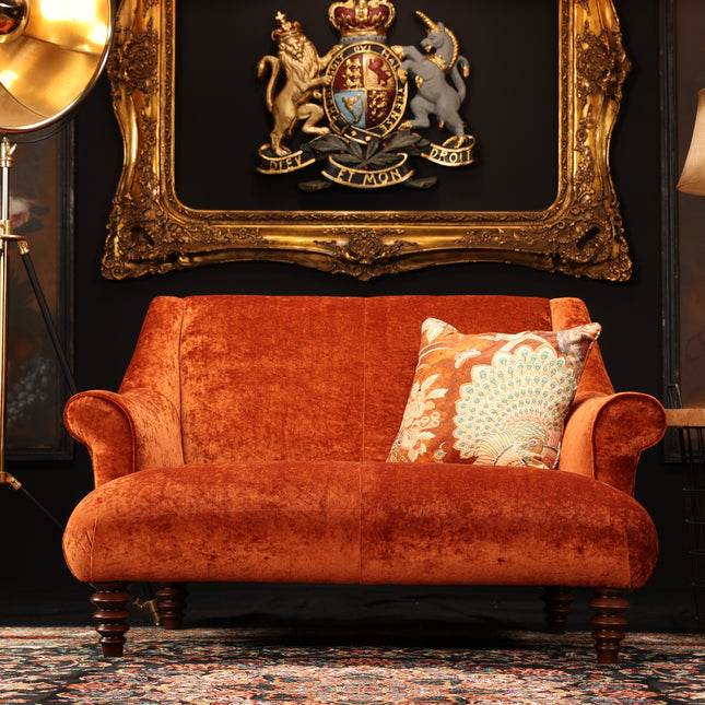 Osborn Snuggler Sofa in Amber & Orange Safari Peacock Velvet