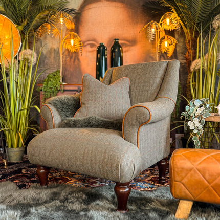 Osborn Armchair in Harris Tweed Green & Leather Piping