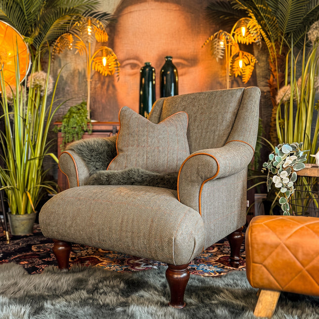 Osborn Armchair in Harris Tweed Green & Leather Piping