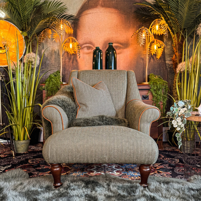 Osborn Armchair in Harris Tweed Green & Leather Piping