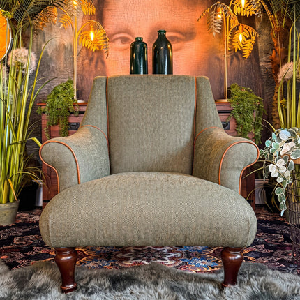 Osborn Armchair in Harris Tweed Green & Leather Piping