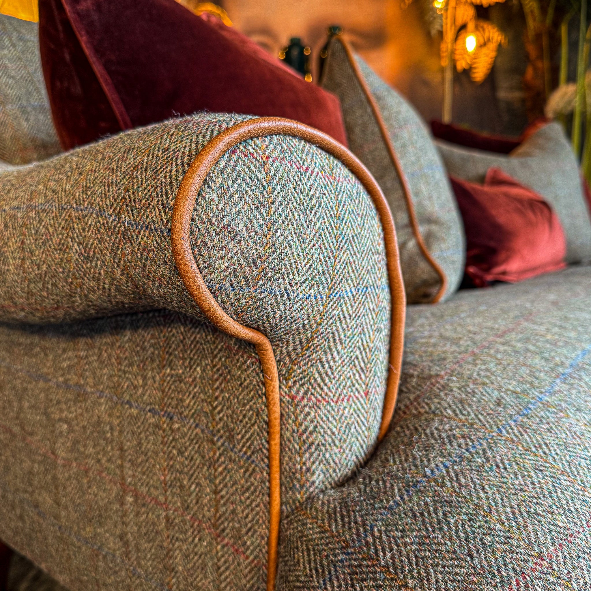 Osborn in Harris Tweed Green & Leather Piping – Vintage Sofa