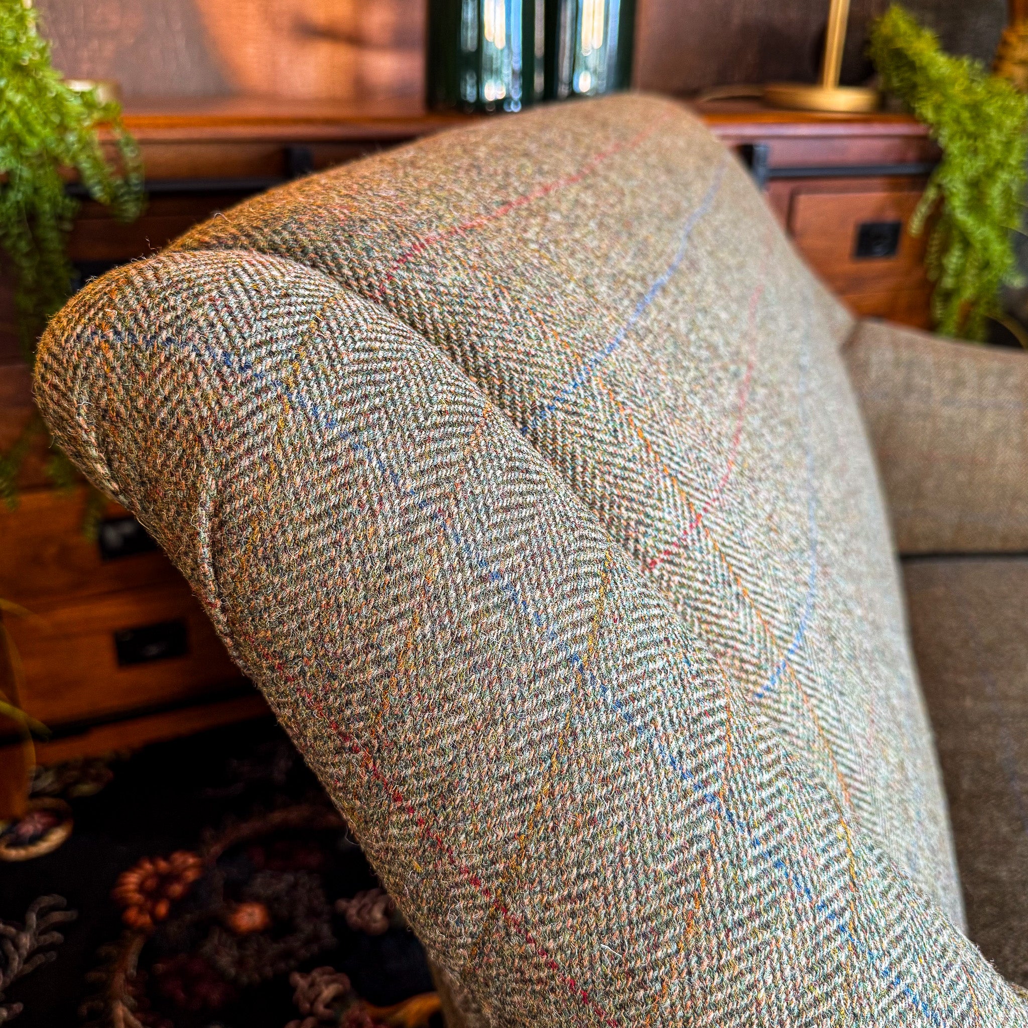 Osborn in Harris Tweed Green & Leather Piping – Vintage Sofa