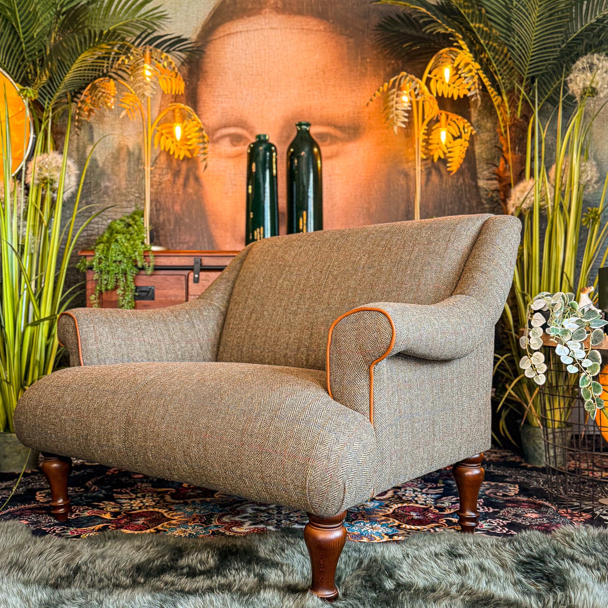 Osborn in Harris Tweed Green & Leather Piping – Vintage Sofa
