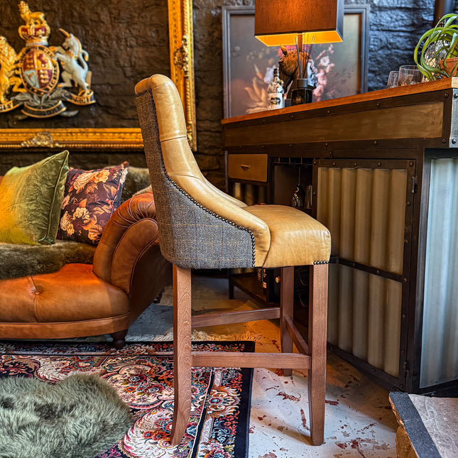Oskar Chesterfield Bar Stool in Harris Tweed Grey & Tan Leather