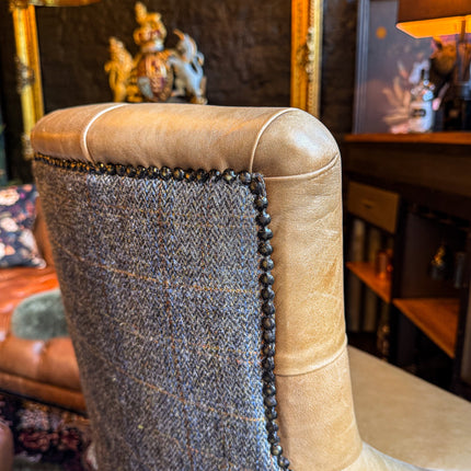 Oskar Chesterfield Bar Stool in Harris Tweed Grey & Tan Leather
