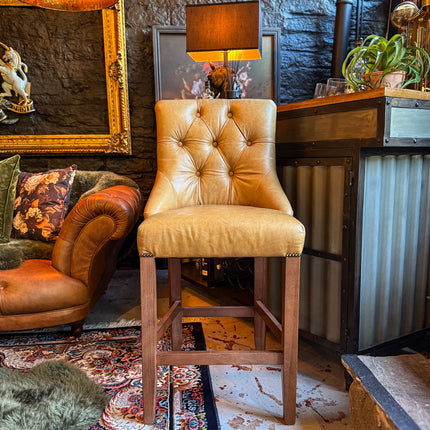 Oskar Chesterfield Bar Stool in Harris Tweed Grey & Tan Leather