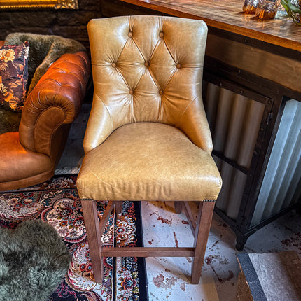 Oskar Chesterfield Bar Stool in Harris Tweed Grey & Tan Leather