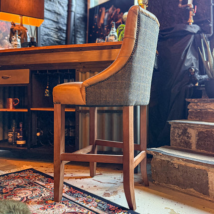 Oskar Chesterfield Bar Stool in Harris Tweed Grey & Tan Leather