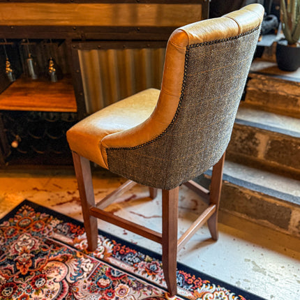 Oskar Chesterfield Bar Stool in Harris Tweed Grey & Tan Leather