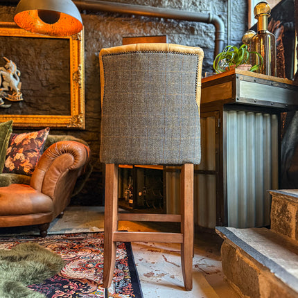 Oskar Chesterfield Bar Stool in Harris Tweed Grey & Tan Leather