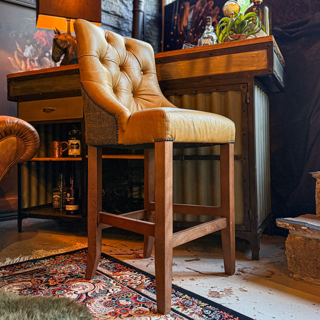 Oskar Chesterfield Bar Stool in Harris Tweed Grey & Tan Leather