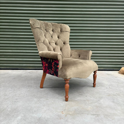 Selfridges Buttoned Wing Back Chair in Plush Khaki & Midnight Haze - Clearance