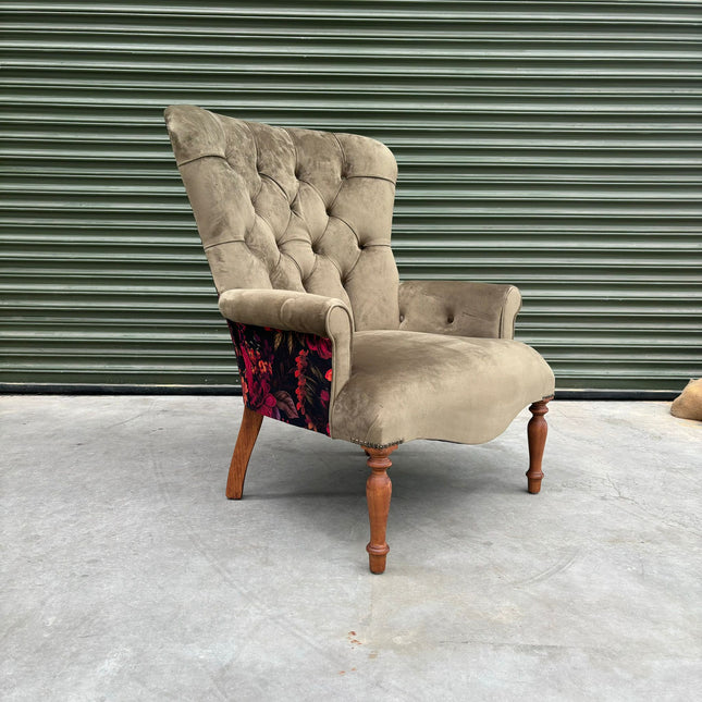 Selfridges Buttoned Wing Back Chair in Plush Khaki & Midnight Haze - Clearance