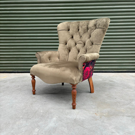 Selfridges Buttoned Wing Back Chair in Plush Khaki & Midnight Haze - Clearance