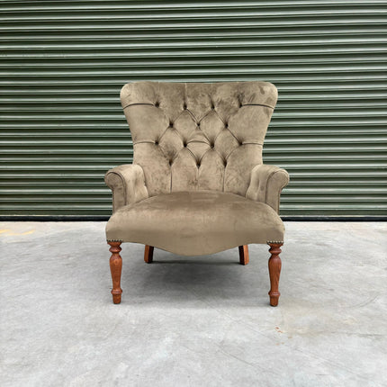 Selfridges Buttoned Wing Back Chair in Plush Khaki & Midnight Haze - Clearance