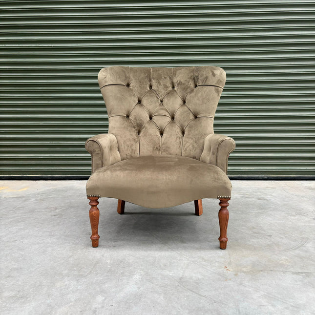 Selfridges Buttoned Wing Back Chair in Plush Khaki & Midnight Haze - Clearance