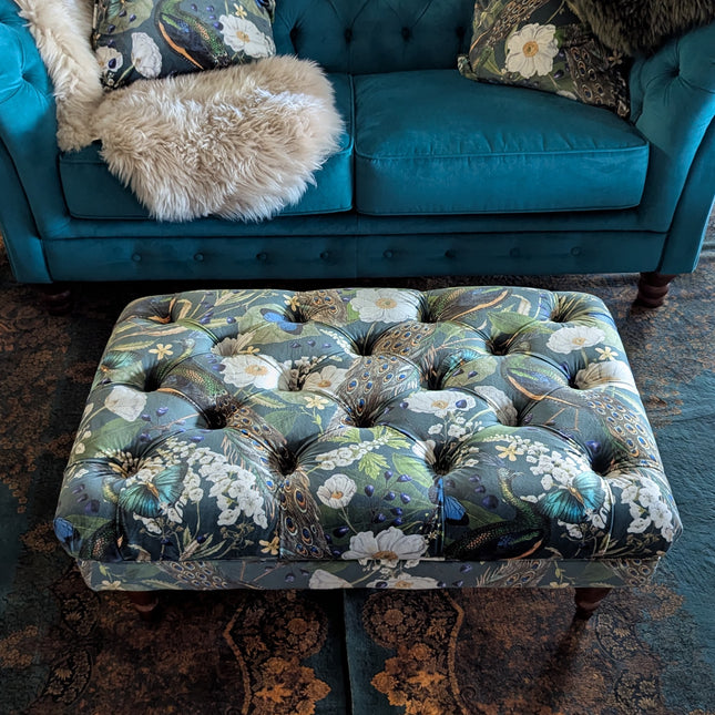 Eaton Chesterfield Footstool in Peacock Teal Velvet