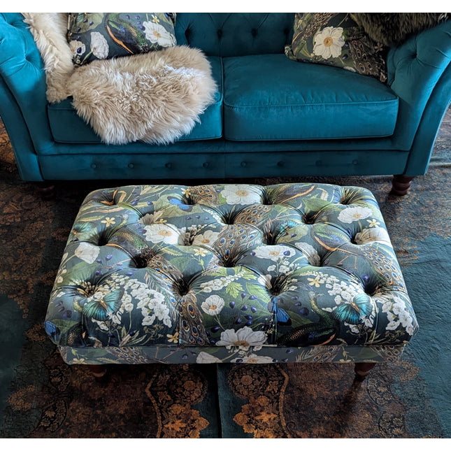 Eaton Chesterfield Footstool in Peacock Teal Velvet