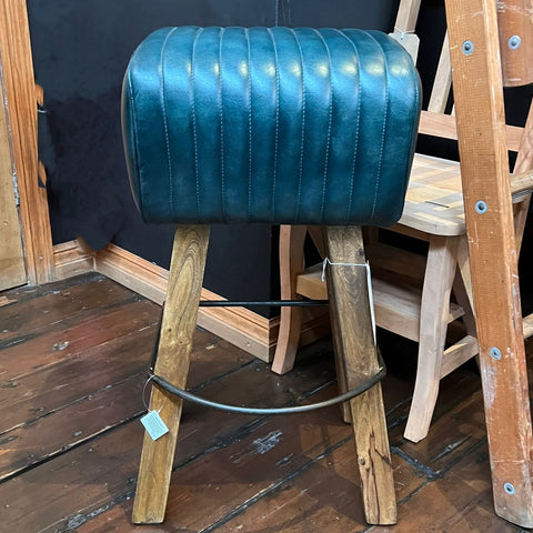Pommel Horse Style Bar Stool in Blue Leather