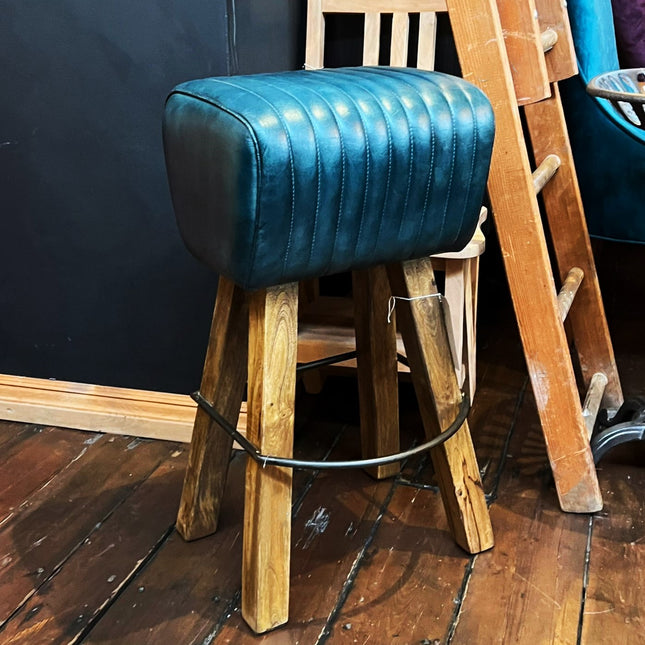 Pommel Horse Style Bar Stool in Blue Leather