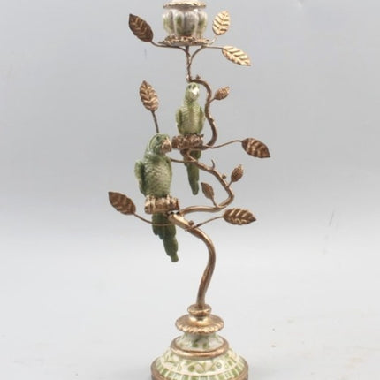 Antiqued Ornate Parrot Pair Branch Candle Holder