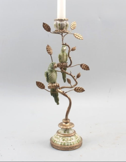 Antiqued Ornate Parrot Pair Branch Candle Holder