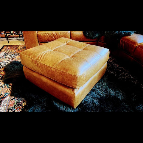 William Footstool Brown Leather Tan (75 x 75 x 45cm) - Clearance