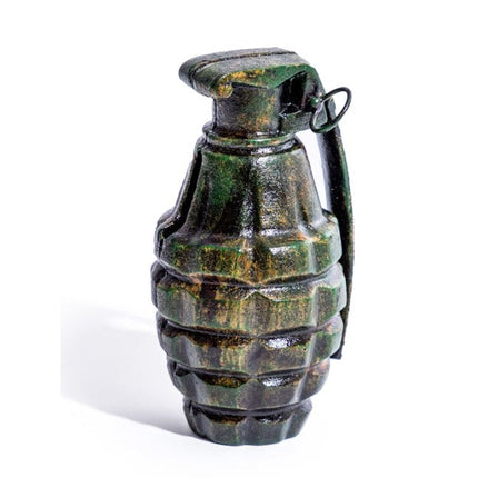 Antiqued Metal Complaints Department Table Sign with Grenade