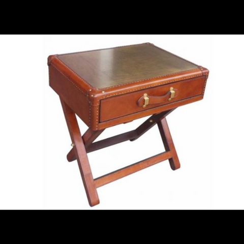 Brass Top Cognac Leather Side Table - Handcrafted