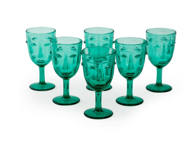 Set of 6 Teal Deco Face Wine Glasses