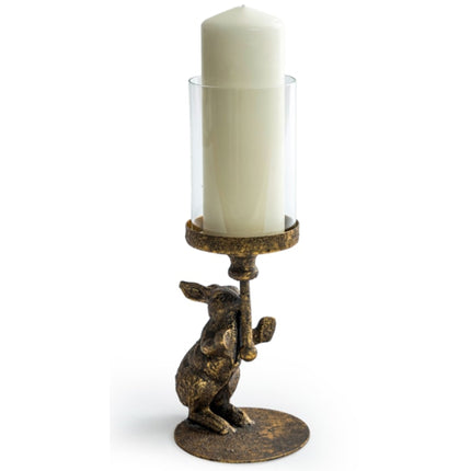 Antiqued Rabbit Candle Holder with Glass Cover