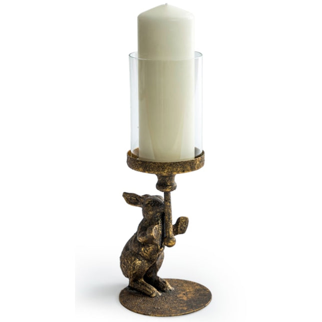 Antiqued Rabbit Candle Holder with Glass Cover