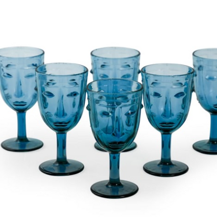 Set of 6 Blue Deco Face Wine Glasses