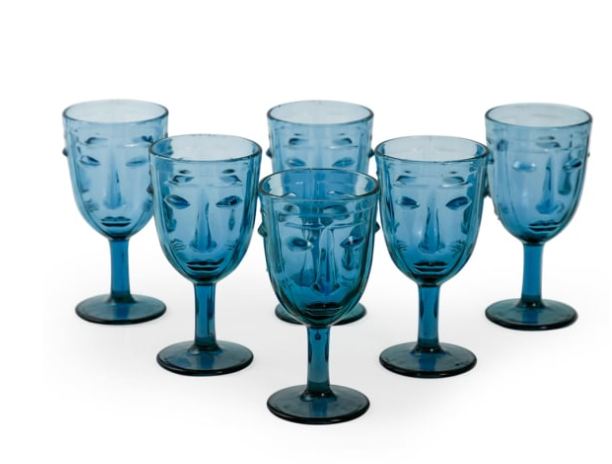 Set of 6 Blue Deco Face Wine Glasses