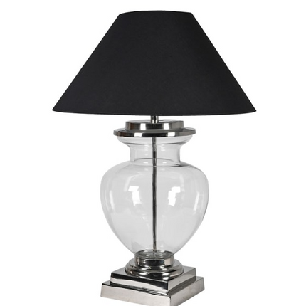 Large Glass and Nickel Bulbous Table Lamp with Shade