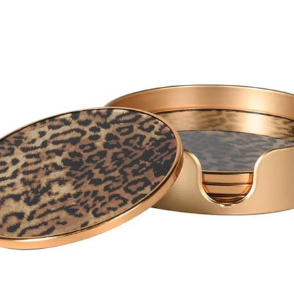 Set of 4 Leopard Print Coasters with Holder