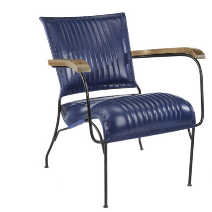 High Back Retro Armchair in Blue Leather