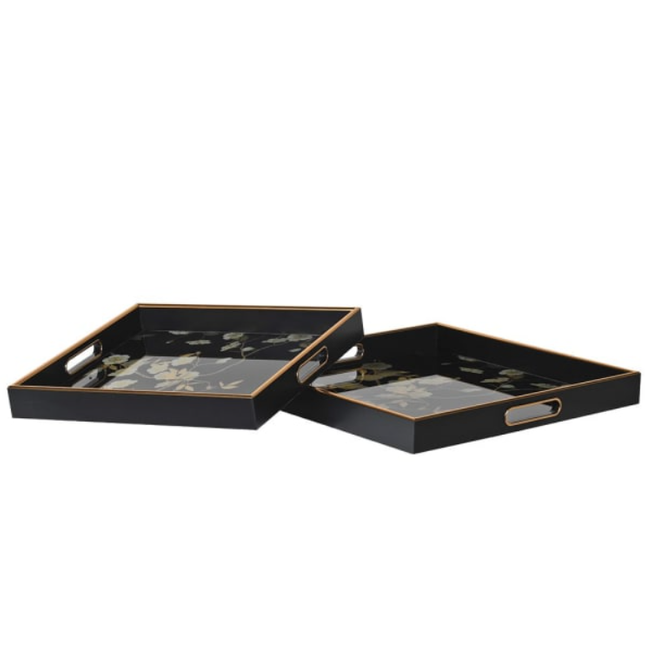 Set of 2 Black Floral Square Trays