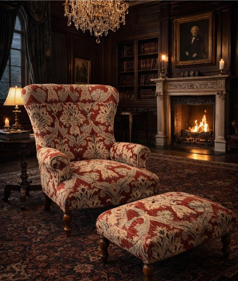 Selfridges Buttoned Wing Back Chair in Aura Woven Chenille Red Velvet