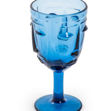 Set of 6 Blue Deco Face Wine Glasses