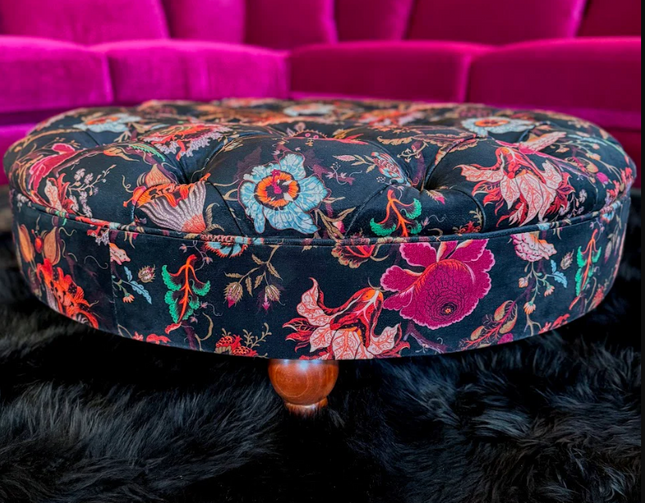 Charles Oval Buttoned Footstool in Fantasia Floral Velvet - Clearance
