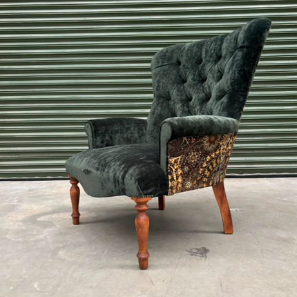 Selfridges Buttoned Wing Back Chair in Sunshine Emerald & Celestial Gilded - Ex Display